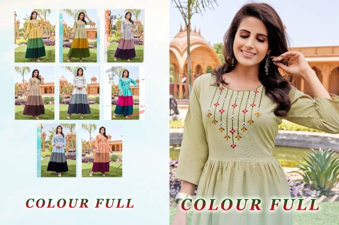 Colour Full 1001 Fancy Party Wear Rayon Long Anarkali Kurti Collection